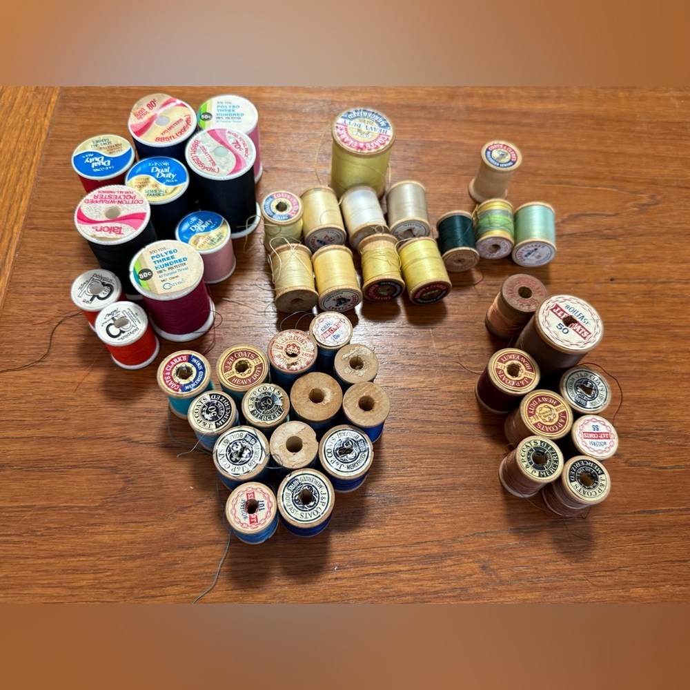 Vintage Lot of 45 Spools of Colorful Threads on Mostly Wooden Spools